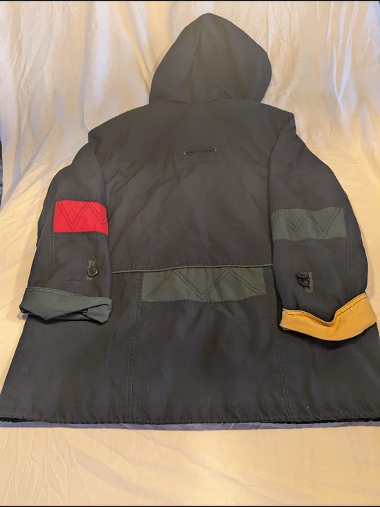 2/40$ Vintage Black Hooded Utility Jacket with Red Trim and Yellow Cuff - Picture 4 of 6